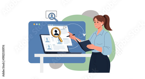 Recruitment concept: HR manager reviewing resumes on a digital screen, searching for candidates