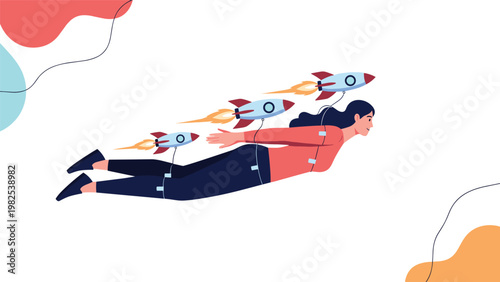 Determined businesswoman flying through the air with small rocket boosters attached to her body symbolizes high energy and fast career growth.