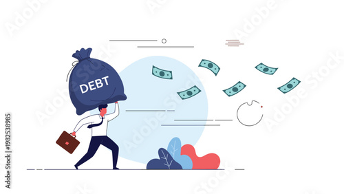 Overwhelmed businessman carrying a heavy bag labeled debt while paper money flies away illustrates financial stress and economic struggles.