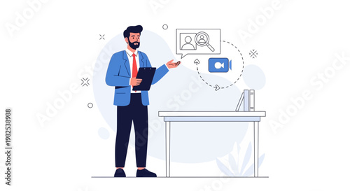 Recruitment concept: Man with clipboard and video call icon, hiring process