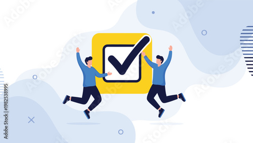 Happy businessmen jumping in celebration in front of a giant yellow checkmark signifies the successful completion of a project or task.