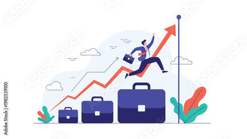 Ambitious businessman jumping over rising briefcase blocks and a growing line chart represents rapid career advancement and scaling.