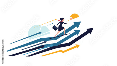 Professional businesswoman running on top of multiple upward-pointing blue arrows symbolizes rapid career growth and determination.