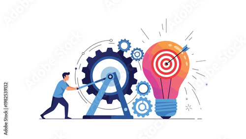 Determined businessman cranking a large gear machine to hit a target inside a glowing lightbulb represents hard work and innovation.