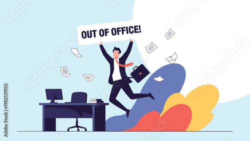 Happy businessman jumping in his office while holding an out of office sign signifies the start of a vacation or holiday break.