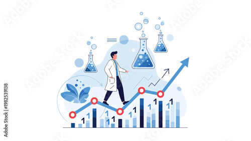 Scientist in a lab coat walking on a rising bar chart with floating chemical flasks represents growth in research and medical science.