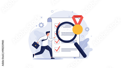 Businessman running past a giant checklist towards a golden medal signifies high performance and the completion of work goals.