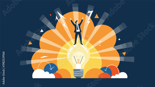 Successful man standing on top of a giant glowing lightbulb with powerful rays of light represents a brilliant idea and leadership.