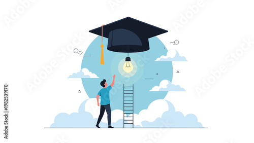 Student reaching for a glowing lightbulb hanging from a giant graduation cap signifies the link between education and bright ideas.