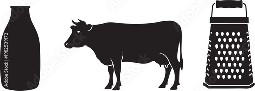 Dairy farm elements including milk bottle cow and grater during clean design Isolated on white background