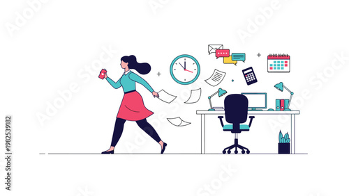 Busy professional woman walking away from her office desk with flying papers and documents represents a fast-paced work environment.