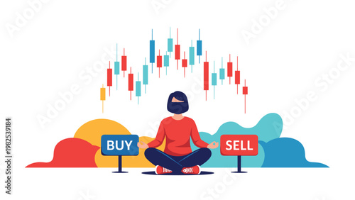 Calm investor meditating between buy and sell signs against a backdrop of financial candlestick charts signifies balanced trading.