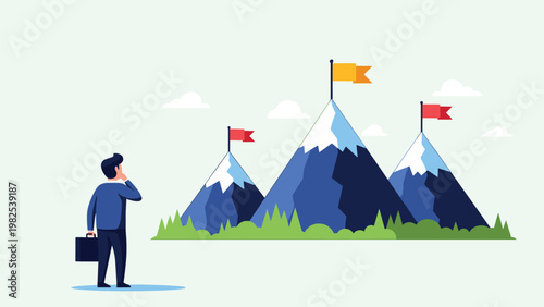 Businessman contemplating three high mountain peaks with red and yellow flags represents multiple ambitious business goals.