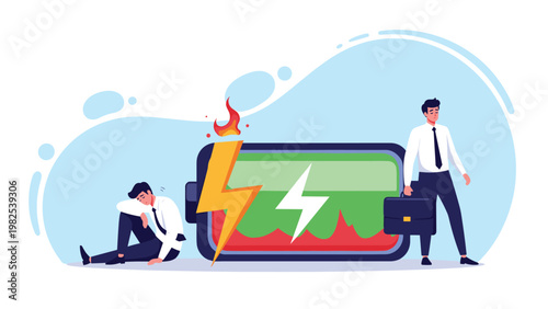 Exhausted businessman sitting on the ground next to a large low battery icon that is sparking and showing red energy.