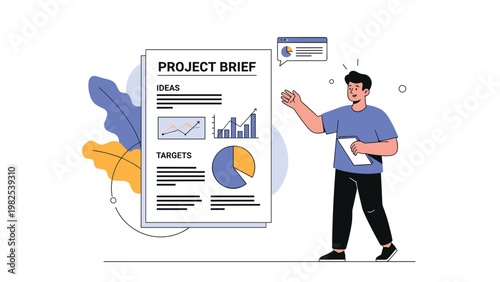 Professional man in casual business attire presenting a large project brief document with charts and ideas for a team.