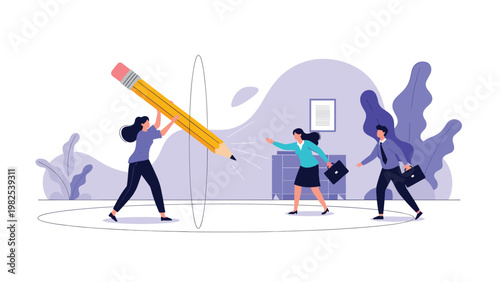 Businesswoman using a giant pencil to draw a boundary circle around herself while other professionals try to enter.
