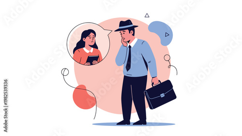 Worried businessman wearing a hat and carrying a briefcase while thinking about a sad woman in a speech bubble.