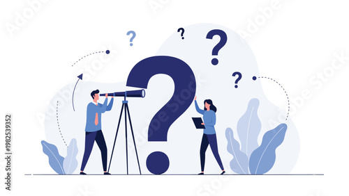 Business man and woman using telescopes to investigate a giant dark blue question mark symbol on a white background.