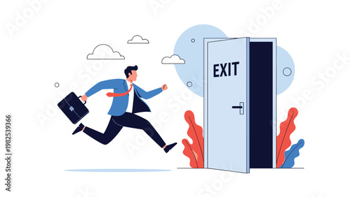 Businessman in a hurry carrying a briefcase while running through an open white door with bold EXIT text on it.