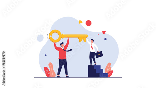 Two professional men working together to lift and hold a massive golden key as a symbol of success and solutions.