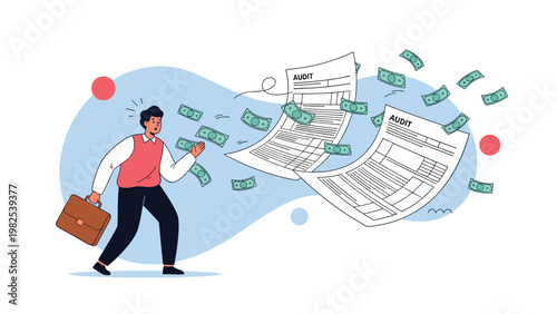 Worried businessman running while several audit documents and dollar banknotes fly around him in a blue space.