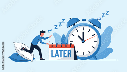 Businessman trying to stop a giant ringing alarm clock by placing a calendar with the word LATER in front of it.