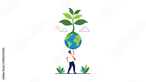 Environmentally conscious businessman balancing a globe with a green plant growing from it to promote sustainability.
