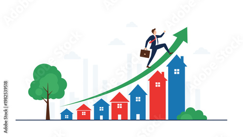 Ambitious businessman running up a rising green growth arrow over colorful houses to represent a booming real estate.