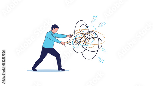 Frustrated man trying to untangle a messy ball of lines to find a clear path and solve complex problems in his life.