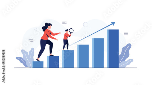 Businesswoman and a small child walking up a blue bar chart representing growth to show the path to a successful future.