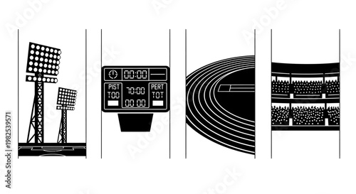 Stadium track and field event with floodlights scoreboard and audience