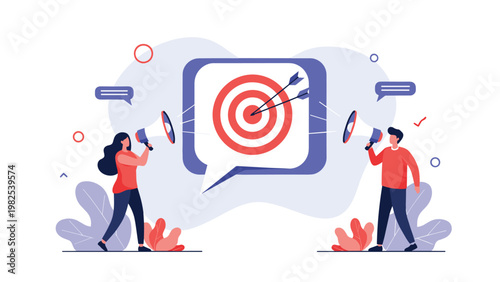 Man and woman using megaphones to shout at a giant target to represent targeted marketing and sales communication.