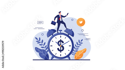 Businessman walking on top of a giant alarm clock with a dollar sign to represent time management and financial value.