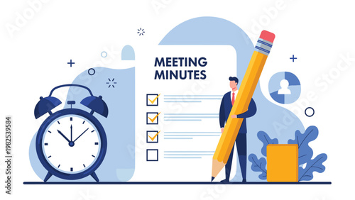 Businessman holding a giant pencil while standing next to a meeting minutes document and an alarm clock for time.