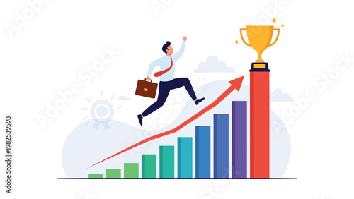 Motivated businessman running up a colorful bar graph toward a golden trophy to represent achievement and success.