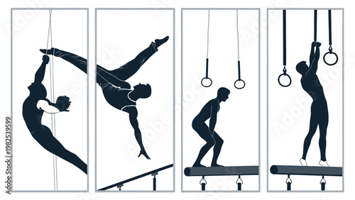 Gymnastics silhouettes performing acrobatic exercises on various equipment