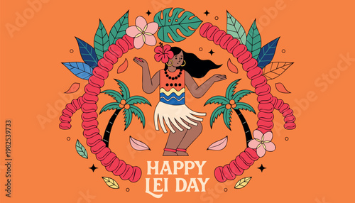 Hawaiian Woman Dancing with Lei, Palm Trees and Tropical Flowers Vector Illustration