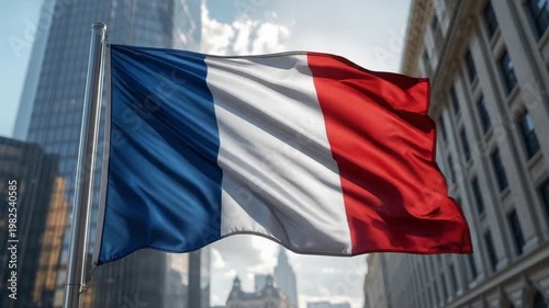 French Flag Waving in City Street Representing Independence and National Freedom Spirit
