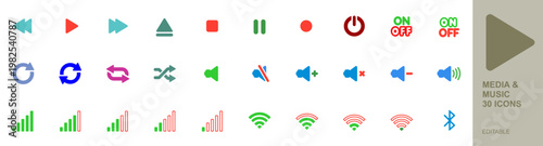 Colorful media and music control icon pack with play, pause, stop, record, volume, shuffle, repeat, signal, WiFi and Bluetooth symbols isolated on white