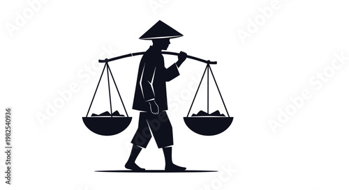 Asian farmer in a conical hat carrying two baskets on a wooden pole while walking slowly