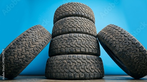 Set of rugged all terrain tires stacked against blue background for automotive use
