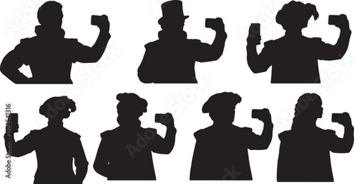 Black Solid Actor Costume Smartphone Selfie Silhouettes Set of Six on White Background