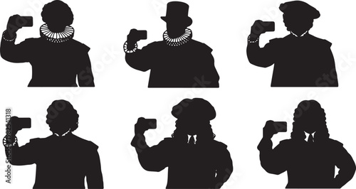 Black Solid Actor Costume Smartphone Selfie Silhouettes Set of Six on White Background