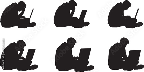 Black Solid Intense Laptop Gamer Silhouettes Set of Six on White Background