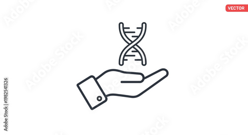 A stylized hand holding a dna double helix structure to represent medical care and genetic research