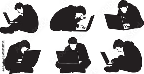 Black Solid Intense Laptop Gamer Silhouettes Set of Six on White Background