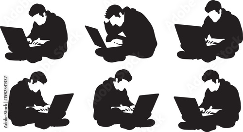 Black Solid Intense Laptop Gamer Silhouettes Set of Six on White Background