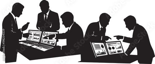 Black Solid Financial Analyst Laptop Smartphone Silhouettes Set of Six on White Background