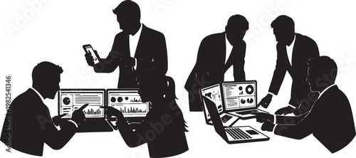 Black Solid Financial Analyst Laptop Smartphone Silhouettes Set of Six on White Background