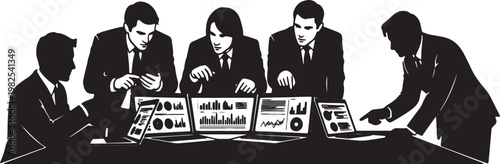 Black Solid Financial Analyst Laptop Smartphone Silhouettes Set of Six on White Background